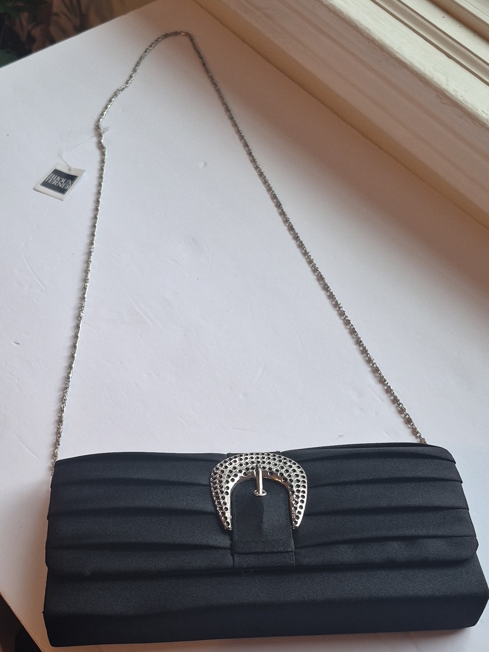 Black Satin Evening Clutch with Silver Buckle - Unbranded